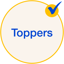 Blue checkmark inside a tan circle. The label reads: Toppers